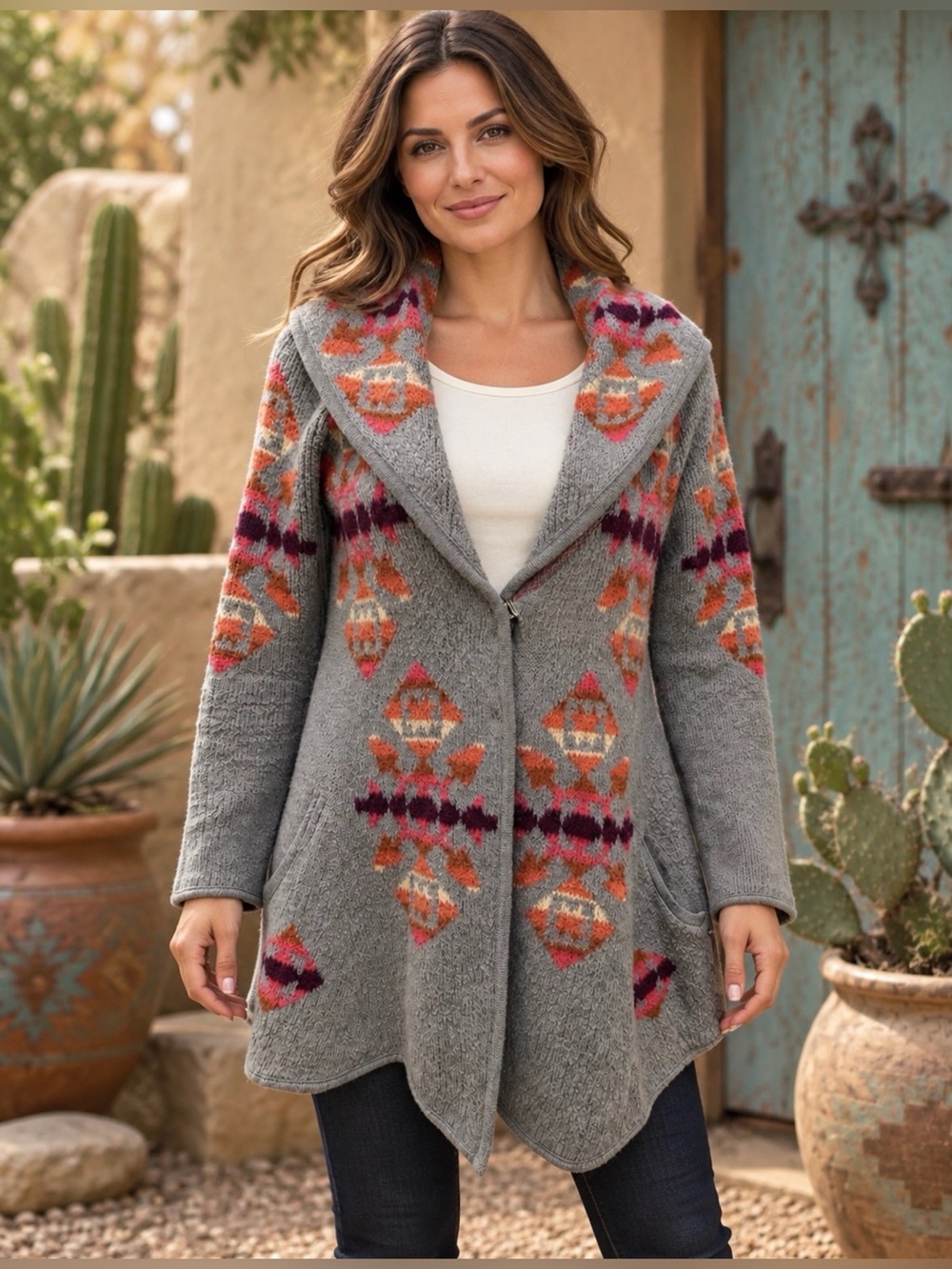 We the free-Free People Gray wool blend southwestern aztec shawl cardigan xs